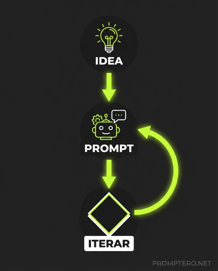 Diagrama de flujo paso a paso para redactar, probar y refinar un prompt de inteligencia artificial hasta obtener el resultado deseado.