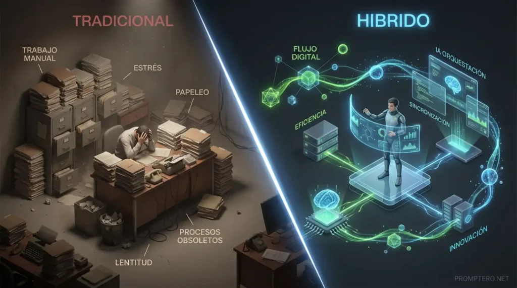 Contraste entre profesional tradicional vs híbrido con IA