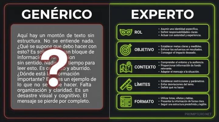 Comparativa visual de errores comunes en prompts versus su versión corregida y optimizada con contexto y roles.