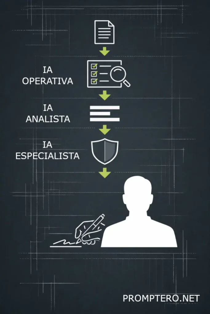 Diagrama de flujo que detalla la revisión de contratos con IA en tres etapas (operativa, analítica y especialista), finalizando con la validación humana obligatoria.