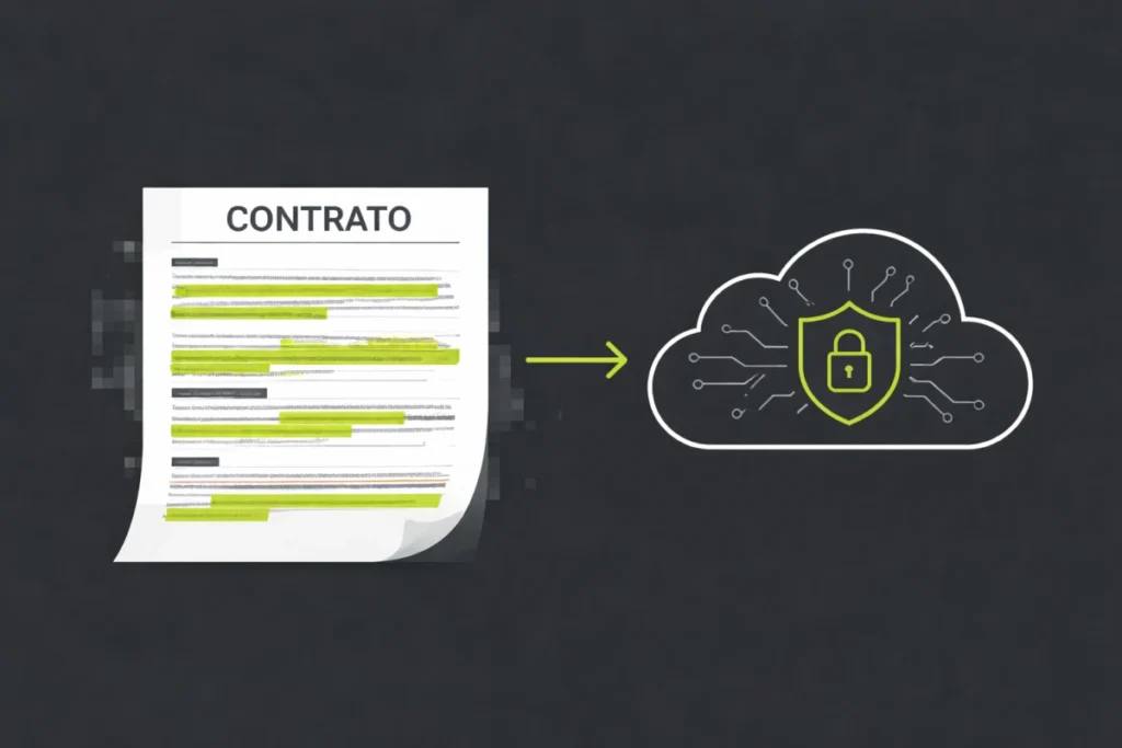 Ilustración de un documento digital donde los nombres propios y cifras confidenciales aparecen censurados con barras de color antes de ser procesados.