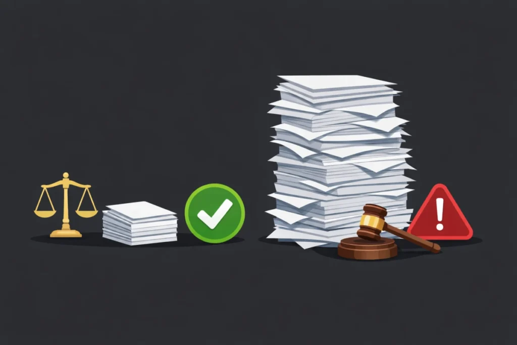 Gráfico comparativo que clasifica documentos en dos pilas: verde para revisión automatizada rápida y rojo para revisión exhaustiva por abogado.