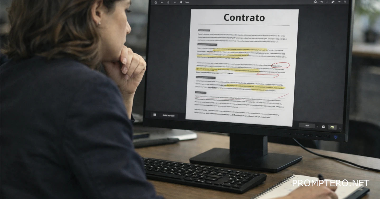 Primer plano de un profesional en una oficina revisando críticamente cláusulas en una tablet, representando el control humano sobre el análisis automatizado