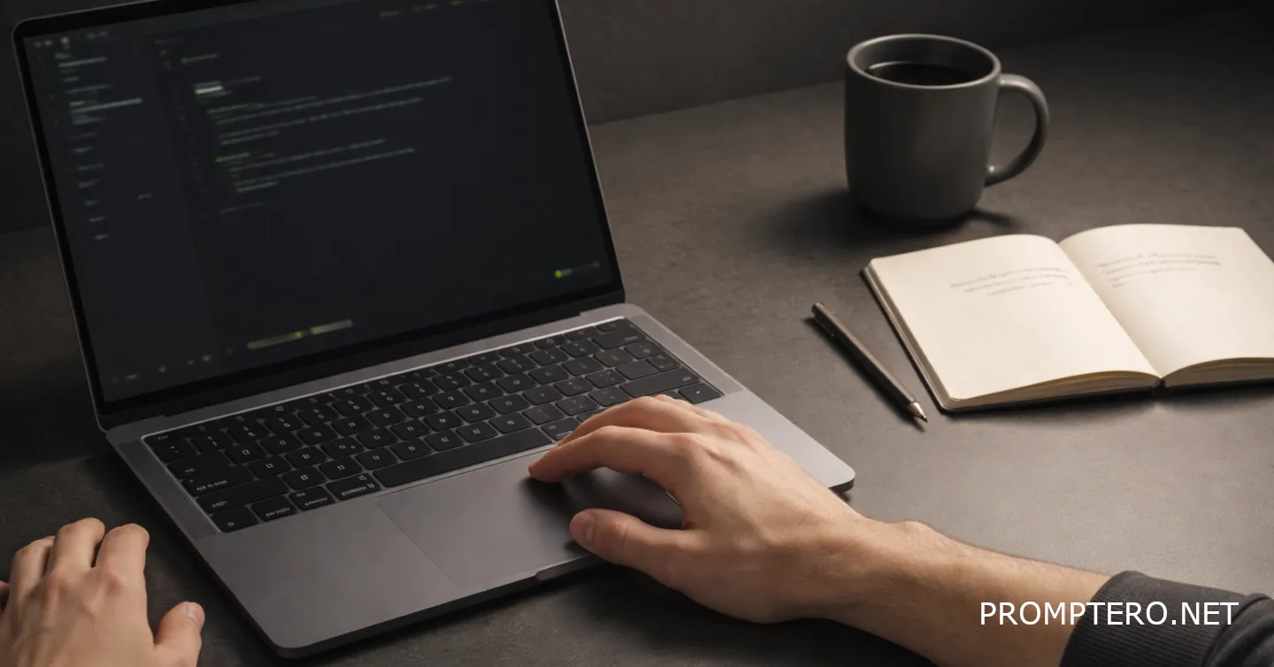 Persona frente a un portátil con interfaz oscura, en un espacio de trabajo minimalista, eligiendo el siguiente recurso después de completar una tarea con IA.