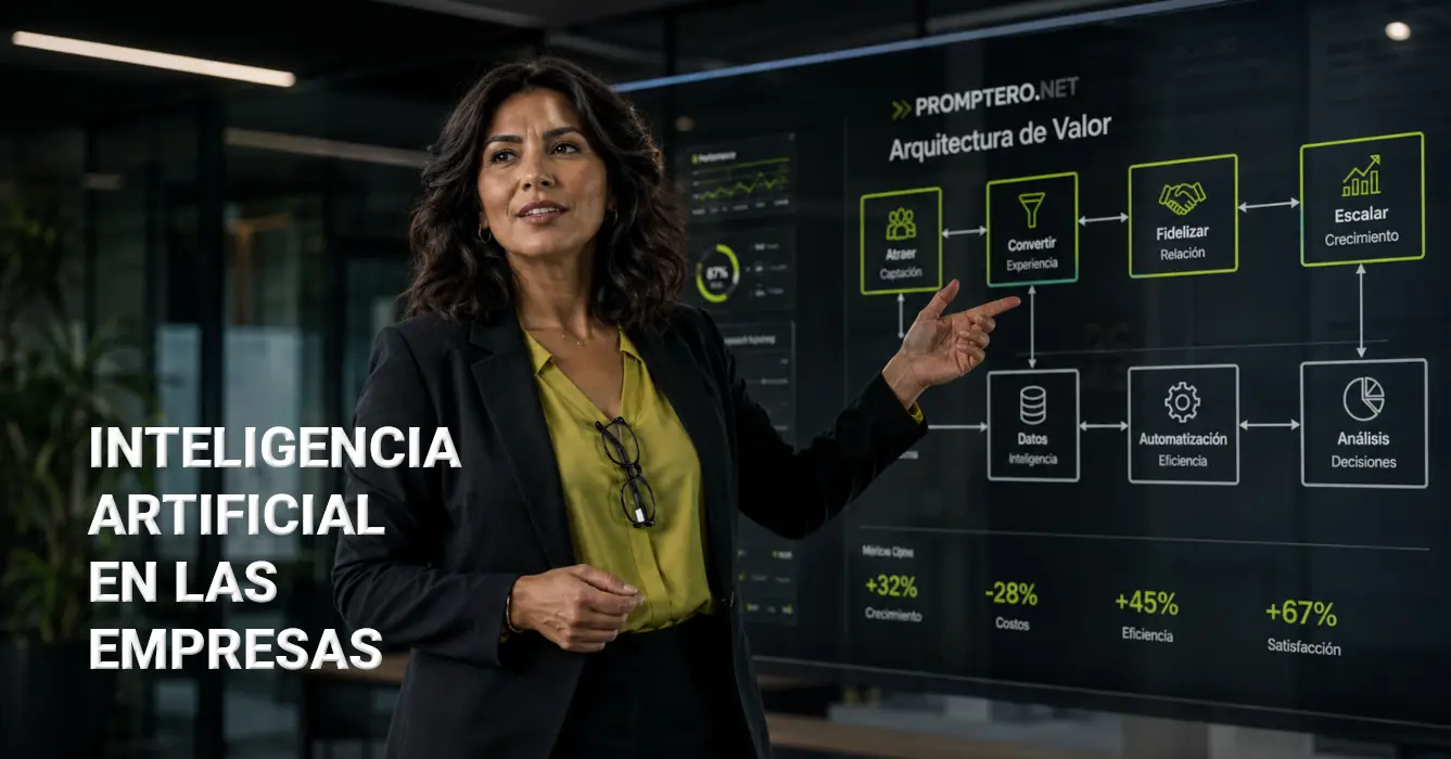 Ejecutiva presenta un flujo de implementación de IA en una oficina corporativa latinoamericana.