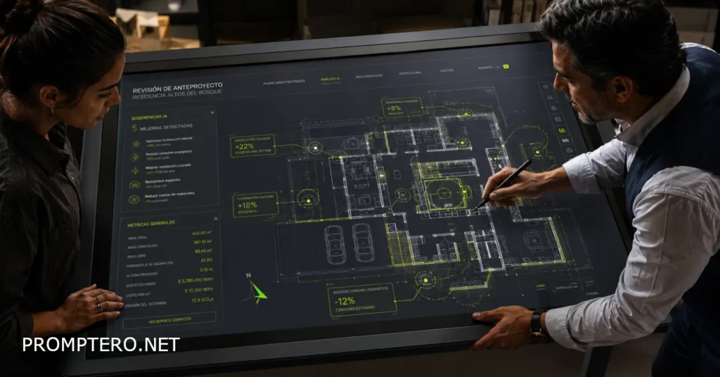 Arquitecta y gerente revisando un plano en una mesa digital interactiva con sugerencias de inteligencia artificial.