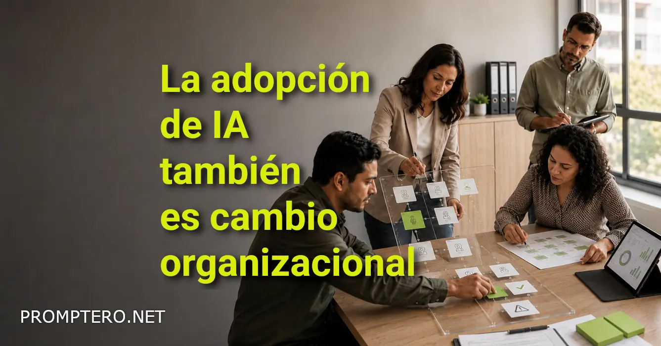 Equipo de una empresa revisa un flujo de trabajo con validación humana durante la gestión del cambio organizacional para adoptar IA.